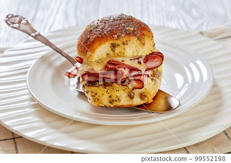 Hawaiian Ham and Swiss Slider on white plate 99552198