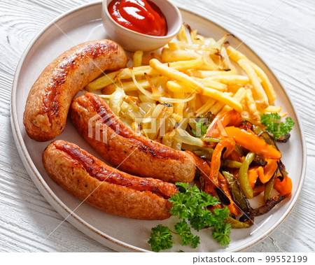 Grilled sausages, peppers, onion and french fries 99552199