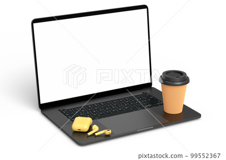 Paper coffee cup with donut and laptop on white, work place for freelance Paper coffee cup with donut and laptop on white, work place for freelance 99552367