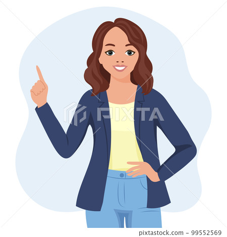 A woman with a joyful expression raised her finger up, a gesture. The concept of human emotions. Flat style illustration, vector 99552569