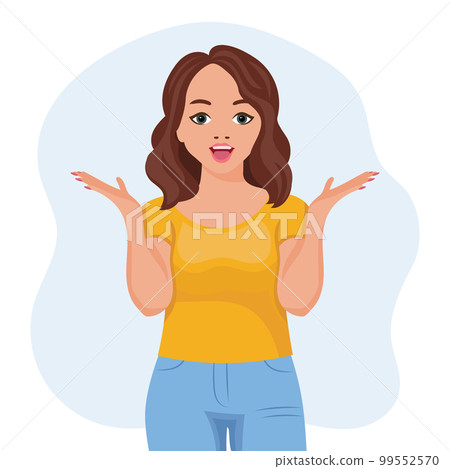 Woman with surprised expression raised her hands, gesture. The concept of human emotions. Flat style illustration, vector 99552570