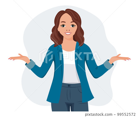 A woman with a satisfied expression gesticulates with her hands. The concept of human emotions. Flat style illustration, vector 99552572