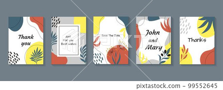 Flower card frame, wedding invitation. Spring or summer feminine floral cards or posters template, cute tropical cover, simple minimalist hand drawn branches with leaves. Vector abstract tidy design 99552645
