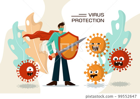 Corona virus. Covid-19 fight. People protection from coronavirus. Cure or vaccine. Person respiratory symptoms. Superhero man with shield and sword. Microbe cells. Vector cartoon current illustration 99552647