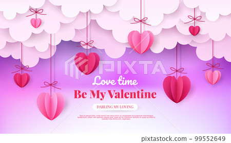 Valentine day banner, paper clouds and hearts. Saint pink sky, love time, happy cute sale card, 3d children cut banner template for mom. Romantic congratulation vector exact poster background design Valentine day banner, paper clouds and hearts. Saint pink sky, love time, happy cute sale card, 3d children cut banner template for mom. Romantic congratulation vector exact poster background design 99552649