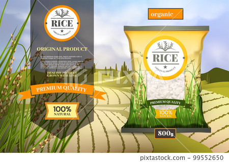 3d rice paddy, healthy indonesia organic farm product, premium raw basmati. Package and label design. Cooking ingredient. Realistic packaging. Copy space for text. Vector exact realistic illustration 3d rice paddy, healthy indonesia organic farm product, premium raw basmati. Package and label design. Cooking ingredient. Realistic packaging. Copy space for text. Vector exact realistic illustration 99552650
