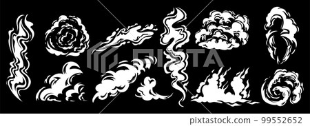 Video game speed symbol, smoke silhouette. Flash power, gas or shot clouds, exploding energy from blast, sprites. Dust and wind, white mist isolated elements. Vector cartoon garish illustration set 99552652