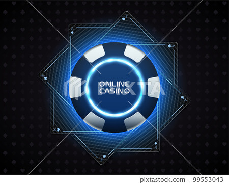 Poker black silver chip, carbon fiber ace and king playing card vector casino logo. Blackjack tournament emblem LED backlight on dark casino background. Futuristic poker club blue neon light circle 99553043