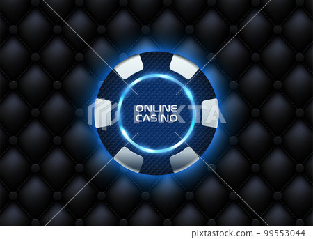 Silver blue neon light poker chip black textured plastic vector casino logo on black upholstery leather luxury background. Futuristic poker tournament or club emblem blue LED light circle backlight Silver blue neon light poker chip black textured plastic vector casino logo on black upholstery leather luxury background. Futuristic poker tournament or club emblem blue LED light circle backlight 99553044