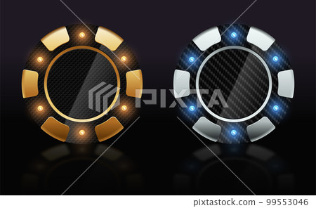 Silver and golden poker chip black carbon texture vector casino logo isolated on dark glossy background. Futuristic poker tournament or club luxury emblem with yellow blue LED light bulbs Silver and golden poker chip black carbon texture vector casino logo isolated on dark glossy background. Futuristic poker tournament or club luxury emblem with yellow blue LED light bulbs 99553046