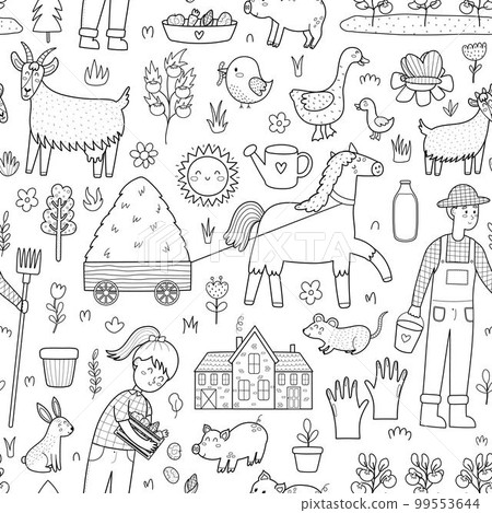 Black and white farm seamless pattern with cute animals. Countryside background 99553644
