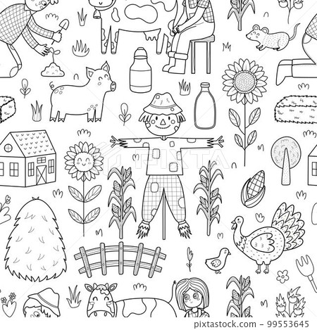 Black and white cute farm seamless pattern with scarecrow, pig, cow, kids farmers 99553645