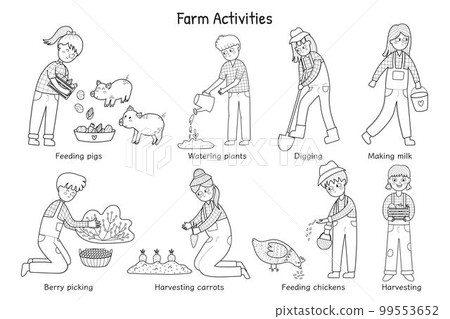 Farm activities set in black and white with cute kids farmers Farm activities set in black and white with cute kids farmers 99553652
