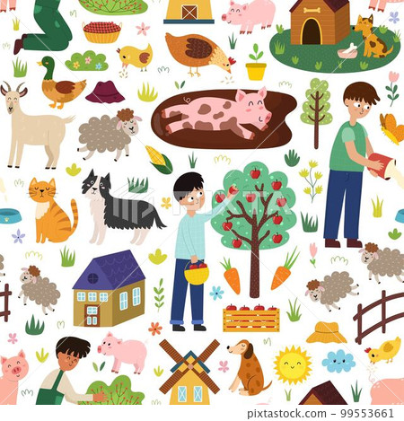 Cute farm animals seamless pattern. Pig in mud, boy gathering apples, sheep and other characters Cute farm animals seamless pattern. Pig in mud, boy gathering apples, sheep and other characters 99553661