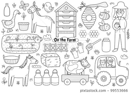 Black and white set with cute farm animals. Agriculture coloring page Black and white set with cute farm animals. Agriculture coloring page 99553666