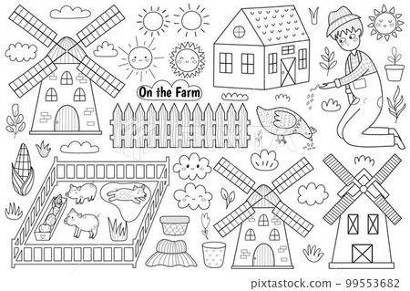 Black and white farm set with cute animals and kids farmers. Coloring page Black and white farm set with cute animals and kids farmers. Coloring page 99553682