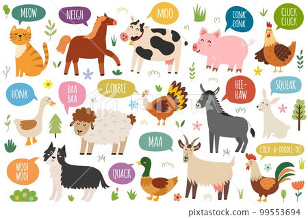 Farm animals saying sounds like moo, oink, baa, cluck and others. How do they say poster Farm animals saying sounds like moo, oink, baa, cluck and others. How do they say poster 99553694