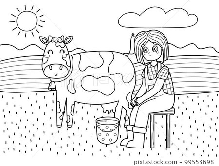 Black and white on the farm poster with cute girl milking a cow. Coloring page 99553698