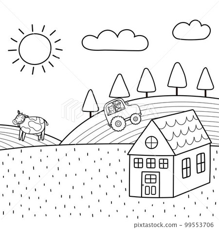 Meadow landscape with a farmhouse and fields in black and white Meadow landscape with a farmhouse and fields in black and white 99553706