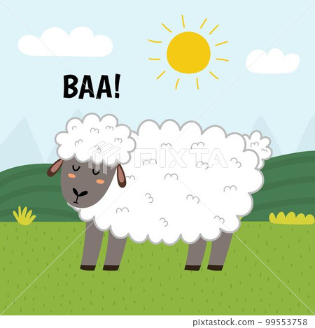 A sheep saying baa print. Cute farm character on a green pasture making a sound 99553758