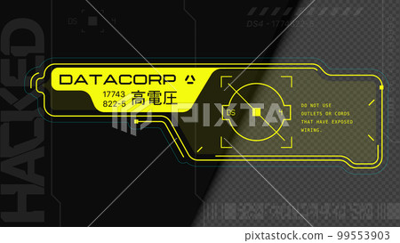 Cyberpunk decal. Vector sticker, label in futuristic style. Inscriptions and symbols, Japanese hieroglyphs for attention, high voltage. 99553903