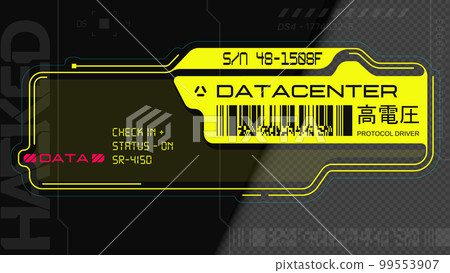 Cyberpunk decal. Vector sticker, label in futuristic style. Inscriptions and symbols, Japanese hieroglyphs for attention, high voltage. Cyberpunk decal. Vector sticker, label in futuristic style. Inscriptions and symbols, Japanese hieroglyphs for attention, high voltage. 99553907