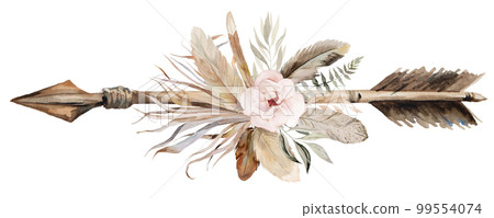 Watercolor arrow with tropical leaves and flowers bouquet, brown and beige Boho Wedding illustration Watercolor arrow with tropical leaves and flowers bouquet, brown and beige Boho Wedding illustration 99554074