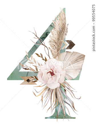Watercolor green number 4 with antlers, dried leaves and tropical flowers bouquet, Boho illustration 99554075