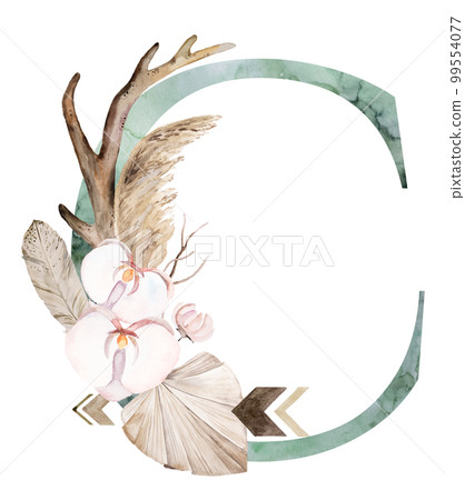 Watercolor green letter C with antlers, dried leaves and tropical flowers bouquet, Boho illustration 99554077