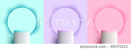 Set of 3D realistic white podium stand with circle backdrop minimal wall scene on pastel background 99555022