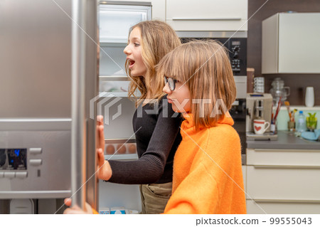the children are watching the fridge in the kitchen the children are watching the fridge in the kitchen 99555043