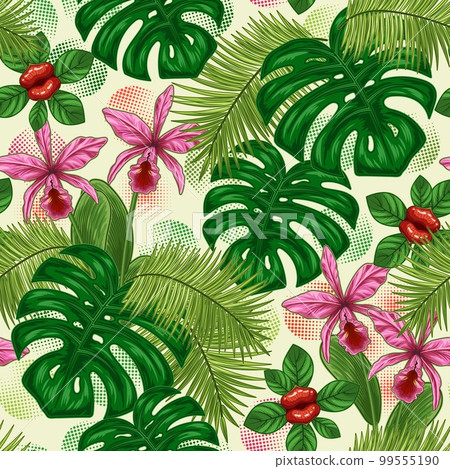 Seamless pattern with tropical vegetation, halftone shapes on white background. Monstera, palm leaves, orchid, exotic flower like lips. Vintage illustration for prints, apparel, surface design 99555190