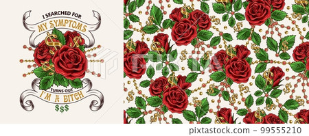 Set of pattern, emblem with text, ribbons, lush blooming red roses, gold ball chains with rhinestones. White background. Vector vintage illustration. For T-shirt, clothing, surface design Set of pattern, emblem with text, ribbons, lush blooming red roses, gold ball chains with rhinestones. White background. Vector vintage illustration. For T-shirt, clothing, surface design 99555210