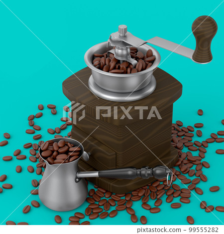 Manual wooden coffee grinder and Turkish cezve coffee maker with coffee beans Manual wooden coffee grinder and Turkish cezve coffee maker with coffee beans 99555282