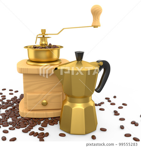 Manual wooden coffee grinder and geyser coffee maker with coffee beans on white 99555283
