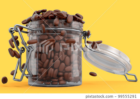 Glass jar with coffee beans isolated on yellow background. 99555291