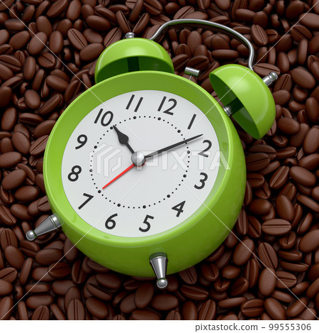 Vintage alarm clock with roasted coffee beans spread out as background. Vintage alarm clock with roasted coffee beans spread out as background. 99555306