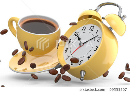 Vintage alarm clock with ceramic coffee cup on white background. Vintage alarm clock with ceramic coffee cup on white background. 99555307