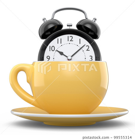 Vintage alarm clock with ceramic coffee cup on white background. Vintage alarm clock with ceramic coffee cup on white background. 99555314