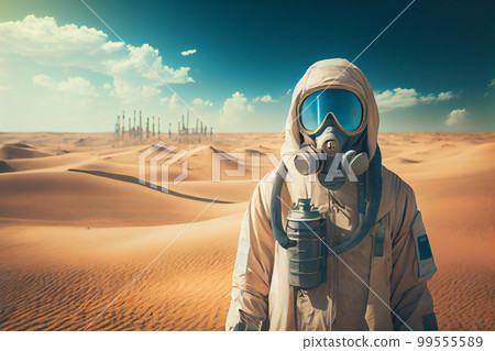 Man in yellow chemical protection suit and face protective mask. Shoulder portrait. Desert on background. 99555589
