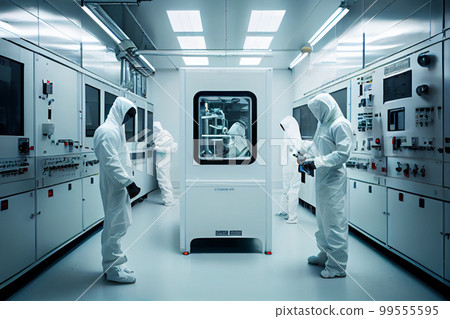 Shot of Sterile Pharmaceutical Manufacturing Laboratory where Scientists in Protective Coverall's Do Research, Quality Control and Work on the Discovery of new Medicine. 99555595