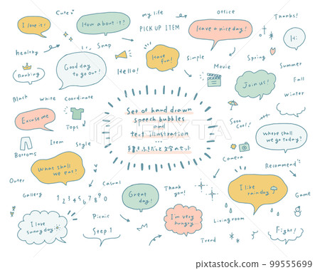 一組手繪對話泡泡和手寫英文字母、插圖、英文單詞、相框、箭頭、塗鴉、裝飾、裝飾、線條 99555699