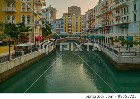 Qanat Quartier The pearl, Doha Qatar after noon shot showing the unique architecture of the building , water canals and visitors 99555725