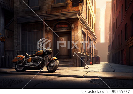 Motorbike on parking in city. Color vintage custom motorcycle Motorbike on parking in city. Color vintage custom motorcycle 99555727