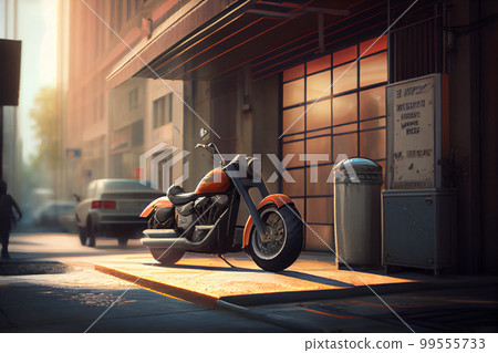 Motorbike on parking in city. Color vintage custom motorcycle 99555733