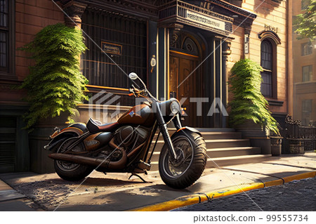 Motorbike on parking in city. Color vintage custom motorcycle 99555734