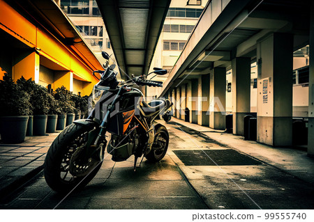 Motorbike on parking in city. Color vintage custom motorcycle 99555740