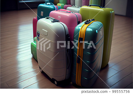 Different suitcases on tile floor Different suitcases on tile floor 99555756