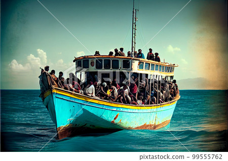 Refugees on an old boat in a stormy sea. Refugees on an old boat in a stormy sea. 99555762
