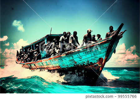 Refugees on an old boat in a stormy sea. Refugees on an old boat in a stormy sea. 99555766